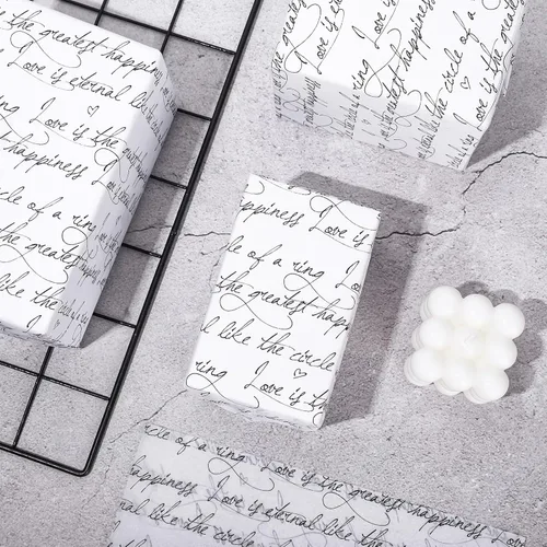 Vista 4 de Whaline 100 hojas de papel de seda blanco y negro para regalo de palabras románticas, papel de embalaje de regalo, papel de manualidades para bodas