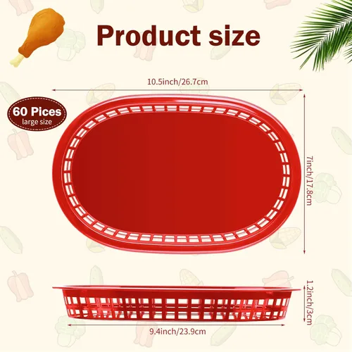 Vista 2 de Potchen 60 cestas de comida rápida para servir 10.5 x 7 pulgadas, cesta de plástico ovalada retro, bandeja de servicio de alimentos para Rojo