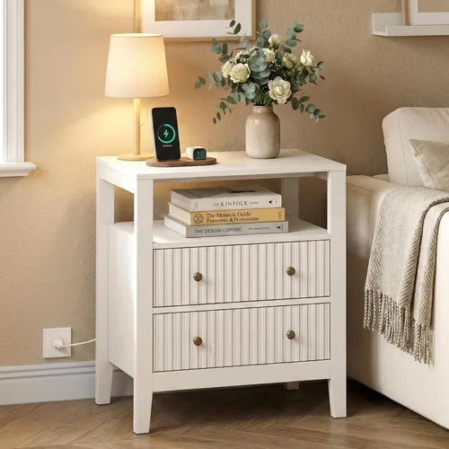 Vista 9 de RoyalCraft - Mesa auxiliar beige acanalada con 2 cajones, mesa auxiliar colorida para dormitorio, mesa auxiliar moderna de madera con almacenamiento