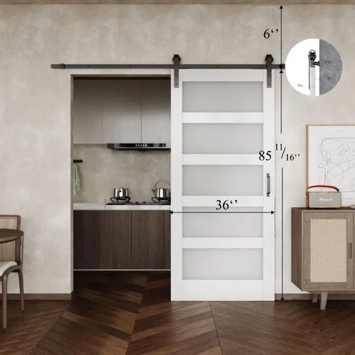 Vista 6 de BARNER HOME Puerta corrediza de granero de 48 x 84 pulgadas, MDF, imprimada, 5 paneles de vidrio, necesita montar, con herrajes de 6.98 pies, mango