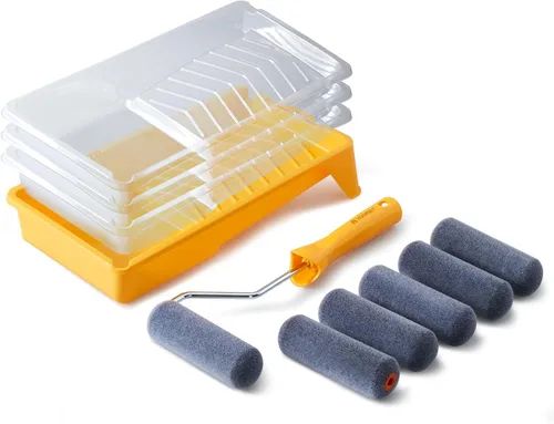 Voomey Rodillo de pintura de espuma, kit de cubierta de espuma de 4 pulgadas, rodillos de pintura pequeños con bandeja y marco de rodillo para