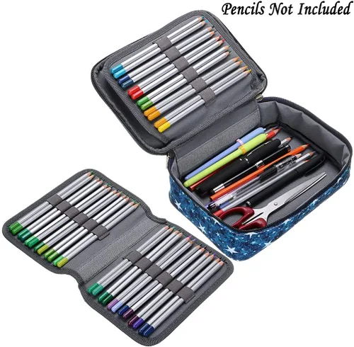 Vista 2 de BTSKY Estuche para bolígrafos y lápices con cremallera con patrón - Estuche multifuncional para artículos de papelería con 36 ranuras elásticas Azul