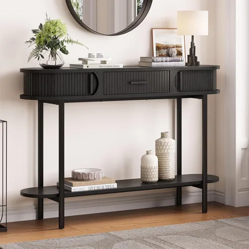 ONBRILL Mesa consola acanalada de 47 pulgadas con cajones, mesa de entrada con almacenamiento, mesas de sofá ovaladas detrás del sofá, mesas de Nogal