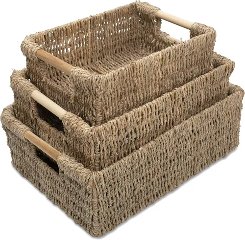 Vista 22 de VATIMA Cestas grandes de almacenamiento de jacinto de agua para organizar con asas de madera para estantes, 2 cestas pequeñas de baño, cestas
