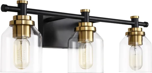 Vista 17 de SOLFART Lámpara de baño vintage de 1 luz sobre espejo para pared de baño, luz negra y latón, lámpara de tocador