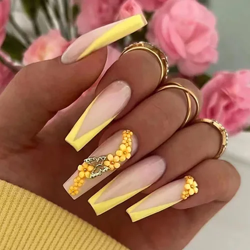 Vista 12 de Uñas postizas a presión de longitud cuadrada larga, cobertura completa, reutilizables, uñas postizas de bailarina, uñas adhesivas con diseños