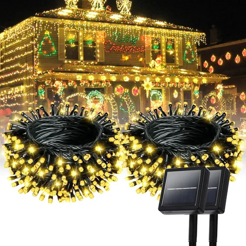 Vista 11 de Guirnalda de luces solares impermeables para exteriores, 200 luces LED extralargas de 82 pies, luces solares de Navidad, luces solares impermeables