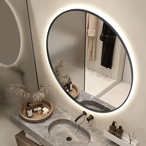 Vista 29 de Espejo de Baño LED Redondo de 24", Espejo de Tocador Retroiluminado Montado en Pared con Marco Biselado de 45°, Espejo Iluminado para Dormitorio