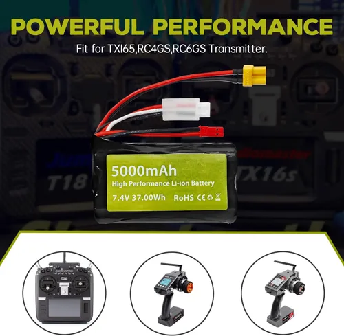 Vista 2 de sea jump Batería de iones de litio de 7.4V 5000mAh 2S con enchufe JST y enchufe XT30 con cable de carga USB adecuado para TX16S, TX18S, RC4GS