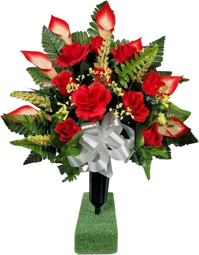 Vista 9 de Realistic Artificial Cemetery Flowers - Silk Faux Floral Red Rose and Calla Lily Bouquet Pair for Grave - 2 Headstone Decorations - Memorial Flowers