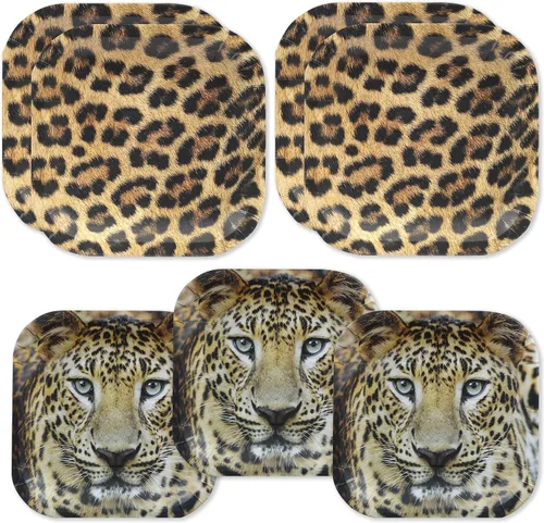 Havercamp Fiesta temática de leopardo para 16 invitados (32 piezas) Incluye 16 platos llanos y 16 platos laterales. Leopardo fotorealista para un