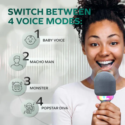 Vista 5 de Coby Micrófono LED para karaoke, micrófono inalámbrico con 5 modos de luz y 4 modos de cambio de voz, altavoz Bluetooth compatible con smartphone