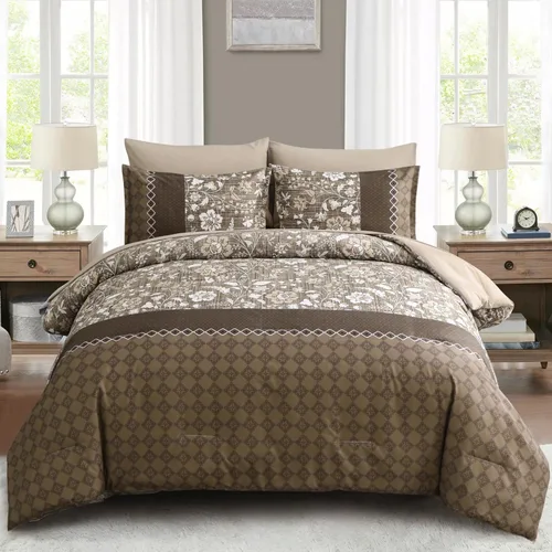 Vista 10 de WONGS BEDDING - Juego de edredón beige tamaño Queen, juego de 7 piezas en una bolsa, estampado geométrico floral, de microfibra suave, juego de ropa