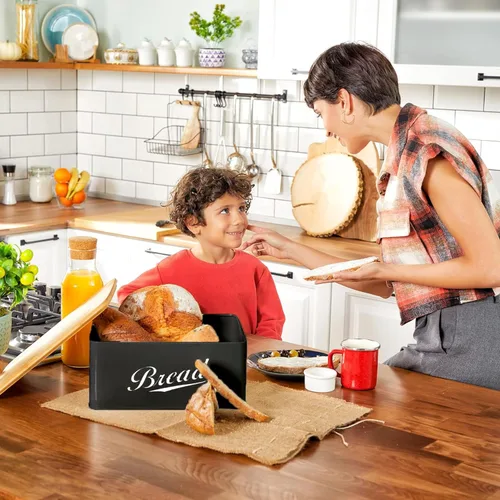 Vista 7 de RoyalHouse Panera moderna de metal con tapa de tabla de cortar de bambú, contenedor de almacenamiento de pan para encimera de cocina, organizador