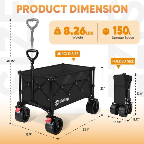 Vista 8 de Sekey Carros plegables de 150 litros con ruedas de playa grandes All-Terrian, carro plegable resistente, carro plegable extragrande, carro plegable