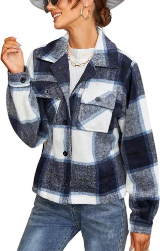 Happlan Chaqueta de franela a cuadros para mujer, recortada y destruida, con botones, camisa, abrigo