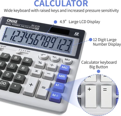Vista 4 de ONXE - Calculadora de escritorio estándar con función científica, potencia dual, botones grandes, pantalla LCD grande para 12 dígitos, calculadora