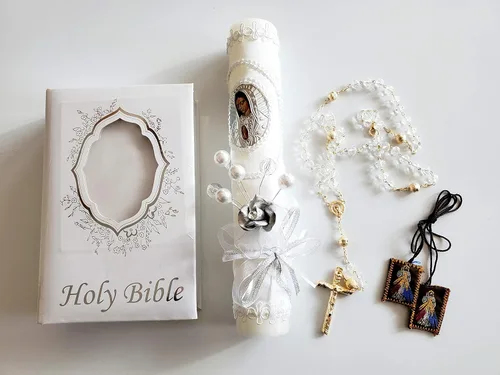 Juego especial de velas y rosario de decoración Virgen María Plata para bautismo, primera comunión o confirmación