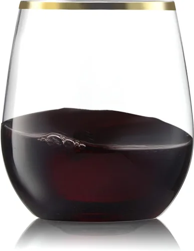 Paquete de 32 copas de vino de plástico sin tallo, desechables, borde dorado de 12 onzas, inastillables, reciclables y sin BPA, elegantes vasos para