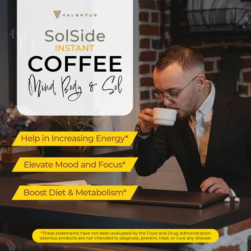 Vista 3 de Valentus Solside Coffee, vitaminas de café de sabor suave, café instantáneo para hombres y mujeres, hecho con ingredientes naturales, 4.15 onzas