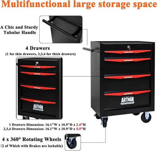 Vista 3 de Carro de herramientas con 4 cajones con ruedas, carro de almacenamiento de herramientas multifuncional, organizador de cajones con ruedas
