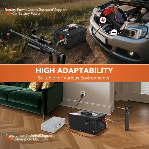 Vista 3 de Compresor de aire PCP de 350 W, 4500 Psi/30 Mpa, 12 V CC y 110 V CA, sin aceite/agua, válvula de seguridad de disco de ráfaga, ventilador