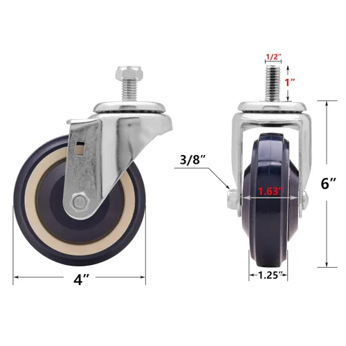 Vista 2 de SY America Paquete de 4 ruedas de poliuretano escalonadas y completas de 4 pulgadas, con rodamiento de bolas doble, rueda giratoria con tornillos