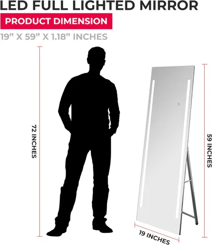 Vista 5 de Espejo LED de longitud completa de 19 x 59 pulgadas para baño con 3 modos de color, atenuador táctil, tocador iluminado de pie o montaje en pared