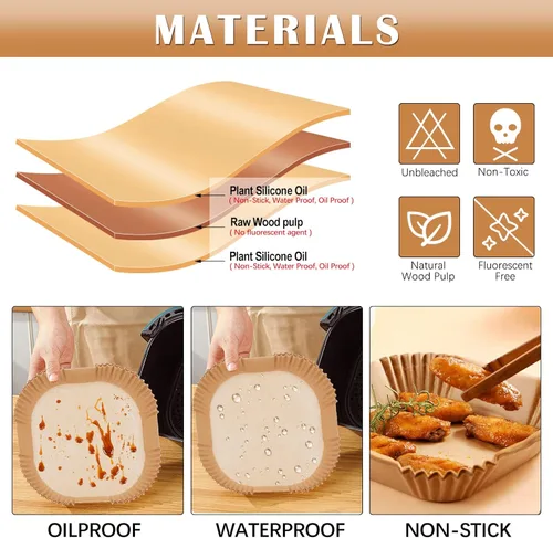 Vista 5 de Forros desechables para freidora de aire cuadrados de 7.9 pulgadas, 100 forros de papel pergamino para freidora de aire, forros de papel