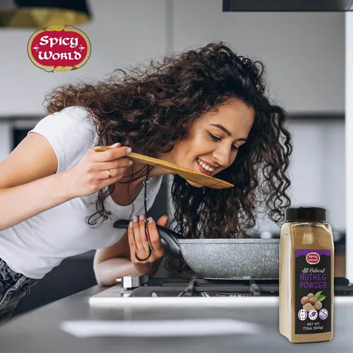 Vista 6 de Spicy World Tarro de nuez moscada en polvo de 17.6 oz (500 g), calidad premium, nuez moscada molida, especias puras y aromáticas para hornear
