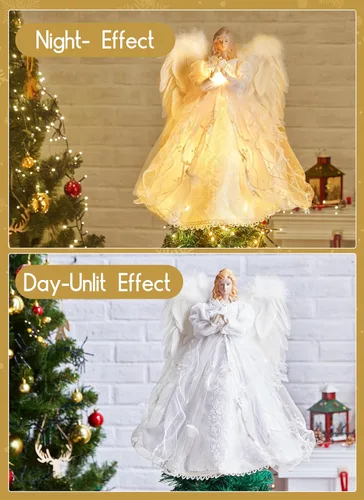 Vista 4 de Decoración para árbol de Navidad con luces, adorno de árbol de Navidad con alas de plumas blancas, árbol de Navidad enchufable para interiores