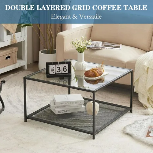Vista 4 de Black Glass Coffee Table, Square Coffee Tables with Storage Shelf, Simple Tea Cocktail Modern Center Tables for Small Space, Living Room, Easy