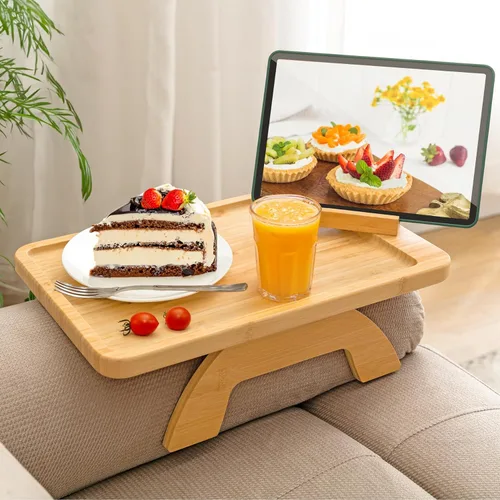 Mesa de brazo para sofá, mesa de bambú para sofá con soporte para teléfono, mesas con reposabrazos con clip para mesa de reposabrazos, bandeja para