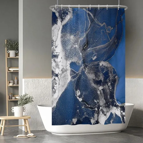 Vista 207 de Baocicco Cortina de ducha de mármol azul abstracto a rayas, decorativa, textura de lujo, línea moderna, decoración de acuarela, juego de cortinas