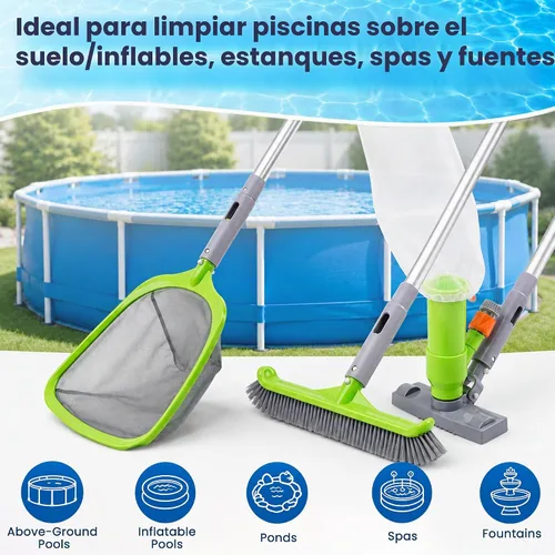 Vista 7 de Sepetrel Kit de limpieza de piscina de lujo con aspiradora de chorro, cepillo, red de skimmer semi-profunda y poste ajustable de 57.5 pulgadas