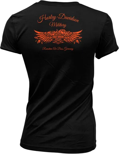 Vista 2 de Harley-Davidson Military - Camiseta negra con cuello redondo para mujer - Bold River Ramstein Air Base