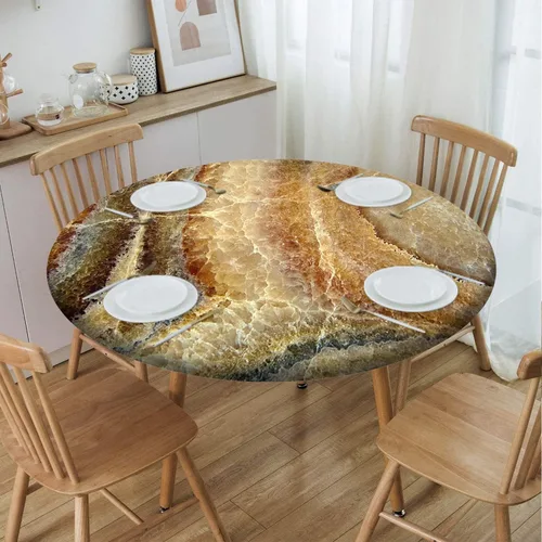 Vista 3 de Mantel con patrón de mármol, borde elástico, adecuado para catering y cocina, se puede limpiar para mesa redonda de comedor, para mesas redondas