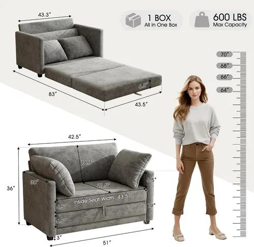 Vista 3 de Sofá cama loveseat de 65", sofá cama convertible de chenilla para espacios pequeños, sofá cama plegable con asiento profundo, marco sólido, sofás