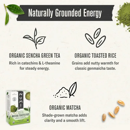 Vista 3 de Numi Té Orgánico de Arroz Tostado Matcha, 100 Bolsas de Té Matcha, Sabroso Té Verde