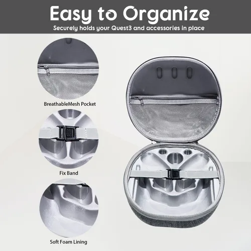 Vista 4 de Estuche rígido de transporte para Quest 3, estuche de viaje para auriculares de realidad virtual para accesorios Quest 3, adecuado para viajes