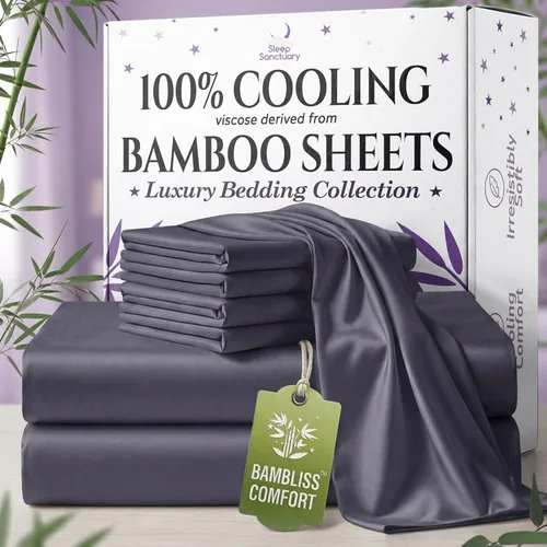 Vista 23 de SLEEP SANCTUARY 100% viscosa orgánica derivada de sábanas de bambú, tamaño individual, 4 piezas, ultra suave y refrescante, bolsillo profundo de 17