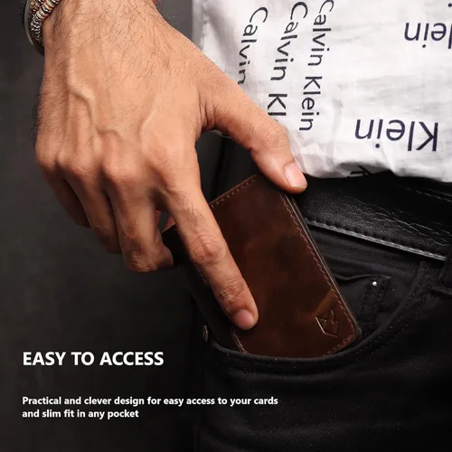 Vista 5 de FOXHACKLE Tarjetero de cuero para hombre billetera delgada con bloqueo RFID bolsillo frontal delgado cartera minimalista con bolsillo frontal