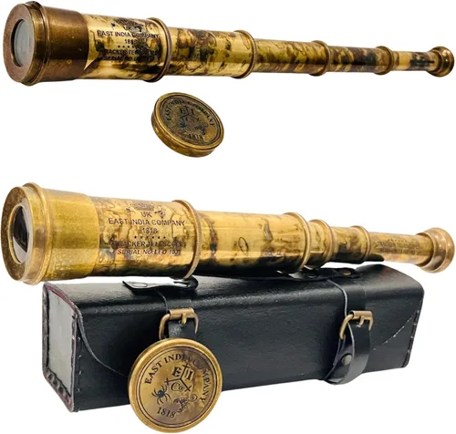 Raro telescopio de latón y catalejo - East India Company 1818 Tracker Vintage Catalejo pirata antiguo grande en caja de regalo de cuero cosido a