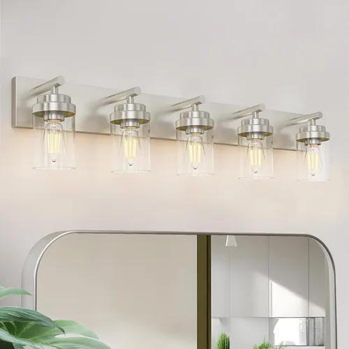 Vista 28 de IZORRO Lámpara de tocador de baño, 3 luces de 22 pulgadas de níquel cepillado sobre espejo, con pantalla de vidrio blanco, luces modernas de tocador