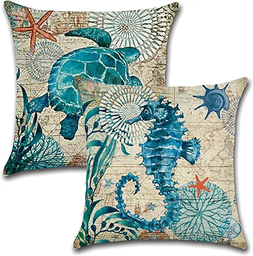 Vista 9 de 7COLORROOM Paquete de 2 fundas de almohada de playa/costera, tortuga marina/caballo marino, fundas de cojín decorativas de algodón y lino, 20 x 20
