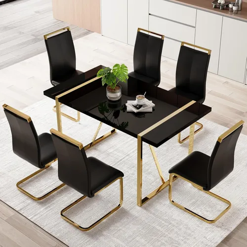 Vista 6 de Mesa de comedor Ebullient para 4, mesa de comedor rectangular negra de MDF, tapa de mesa de cena de mármol falso, mesa de comedor moderna con marco