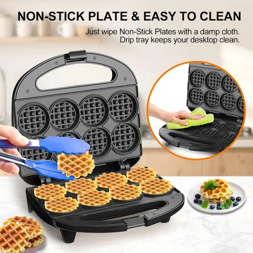Vista 4 de Mini Waffle Maker, Small Waffle Iron with Quick Heat-Up, Makes 8 x 2” Tiny Waffle Bites for Kids, Locking Buckle & Cool Touch Handle, Nonstick