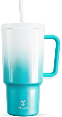 Meoky Vaso de 30 onzas con asa, vaso con tapa y popote, taza de viaje de acero inoxidable aislada, 100% a prueba de fugas, apto para portavasos,