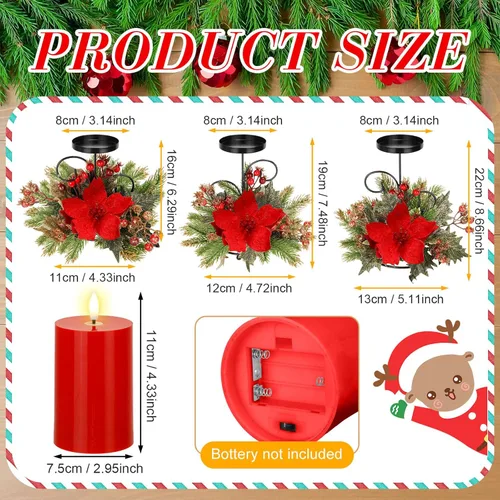 Vista 3 de Yunlly Juego de 3 portavelas de Navidad con 3 velas LED que funcionan con pilas, flor de pascua artificial de Navidad para decoración de mesa