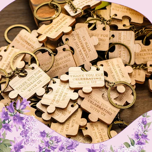 Vista 5 de Huquary Regalos de boda a granel para invitados, rompecabezas de madera, llavero con texto en inglés "Thank You for Celebrating with Us", regalo